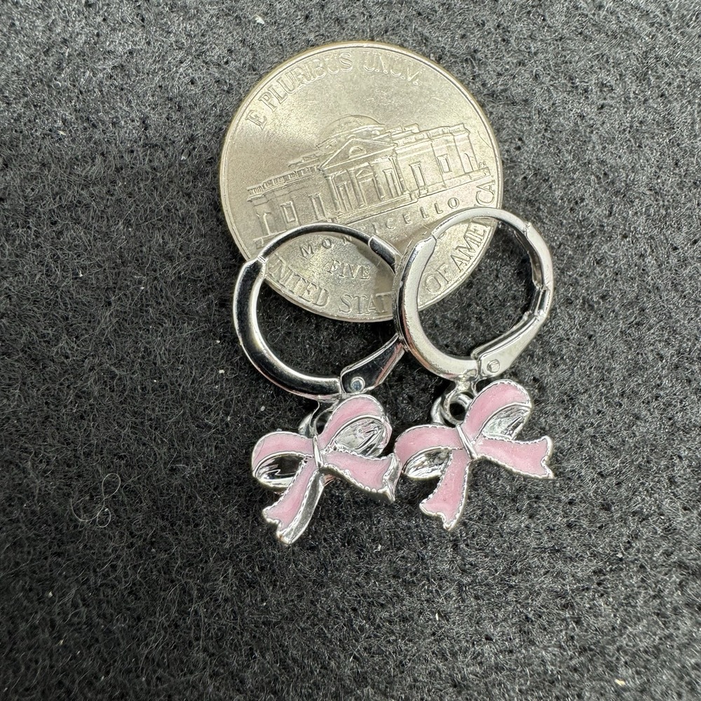 Pink Enamel Bow Dangle Earrings Silver Tone Huggie Hoop Leverback New